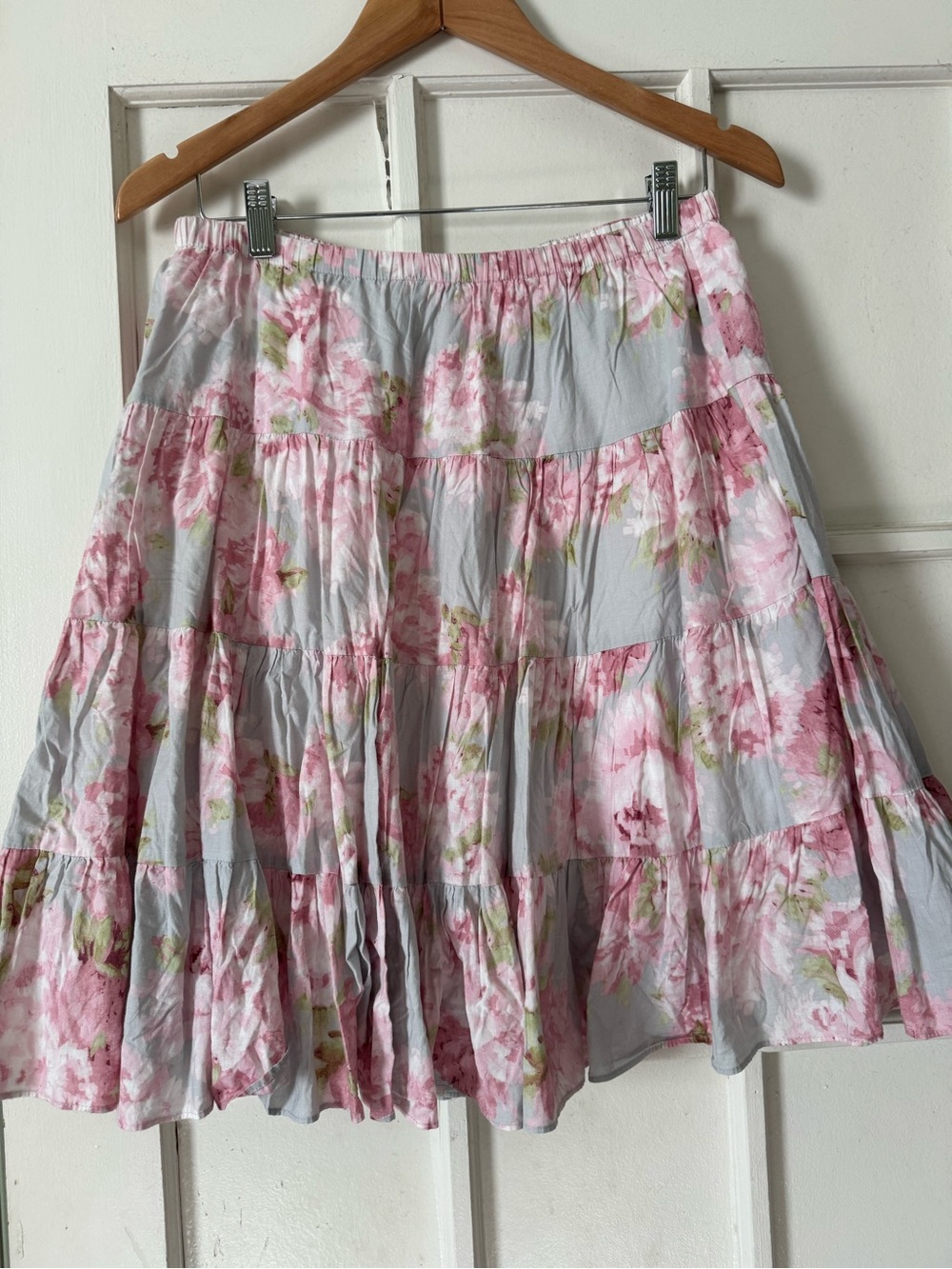 Garnet Hill Pink Floral Tiered A-Line Skirt